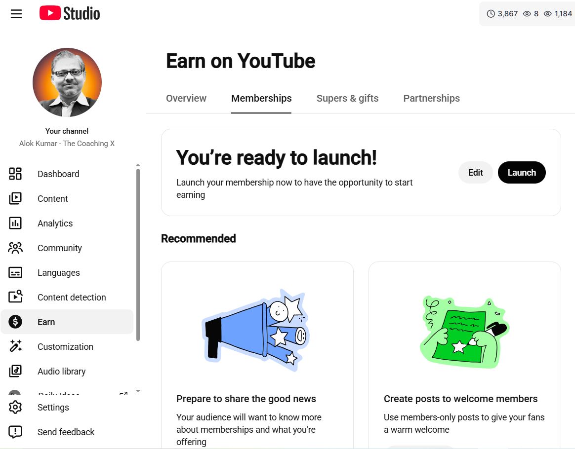 YouTube Studio 3,867 Public Watch Hours Proof